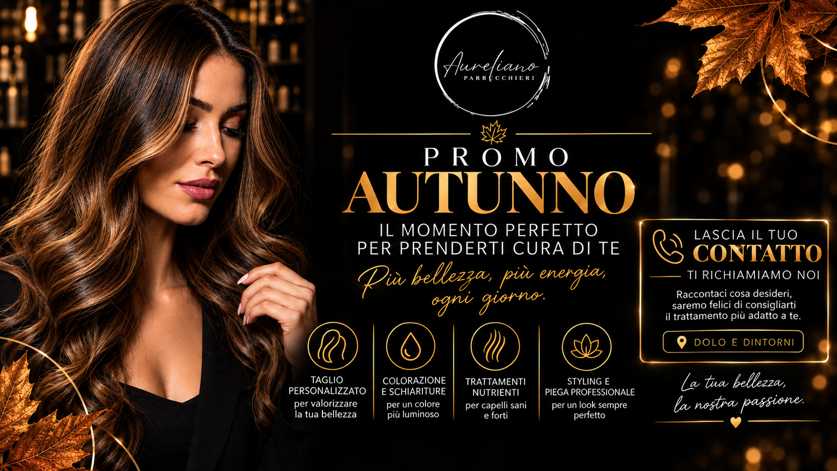 Creatività promozionale Aureliano Parrucchieri: campagna autunnale